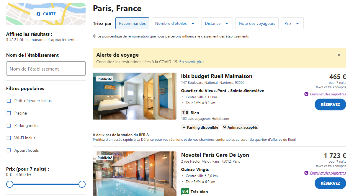 page hébergement hotels.com